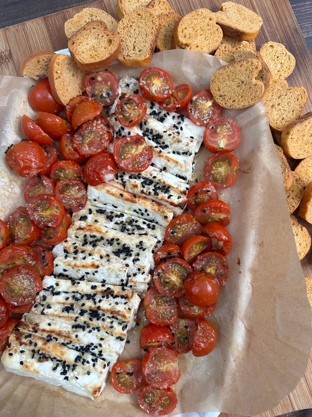 Roasted feta and cherry tomatoes with honey